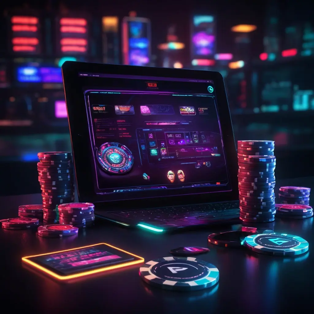 Successful casino entrepreneur celebrating launch with digital casino interface showing revenue growth